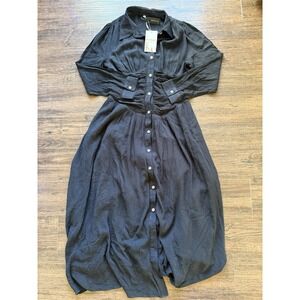 NWT Modesees Women's Size Medium Black Pleated Lapel Long Sleeve Maxi Dress